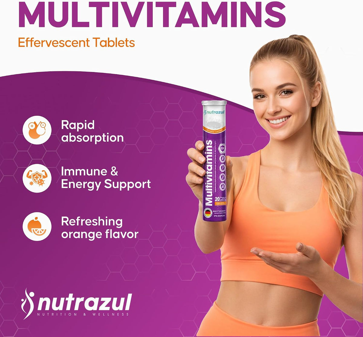 Nutrazul Multivitamin Effervescent Tablets, Supplement for Daily Wellness with 9 Essential Vitamins, Contains Vitamin C & B Complex, Orange Flavour, 60 Tablets - görsel 2