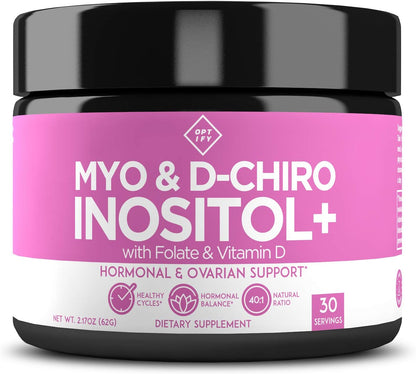 Optify Myo-Inositol & D-Chiro Inositol Powder - 40:1 Ratio with Folate & Vitamin D for Hormonal Balance (63g)