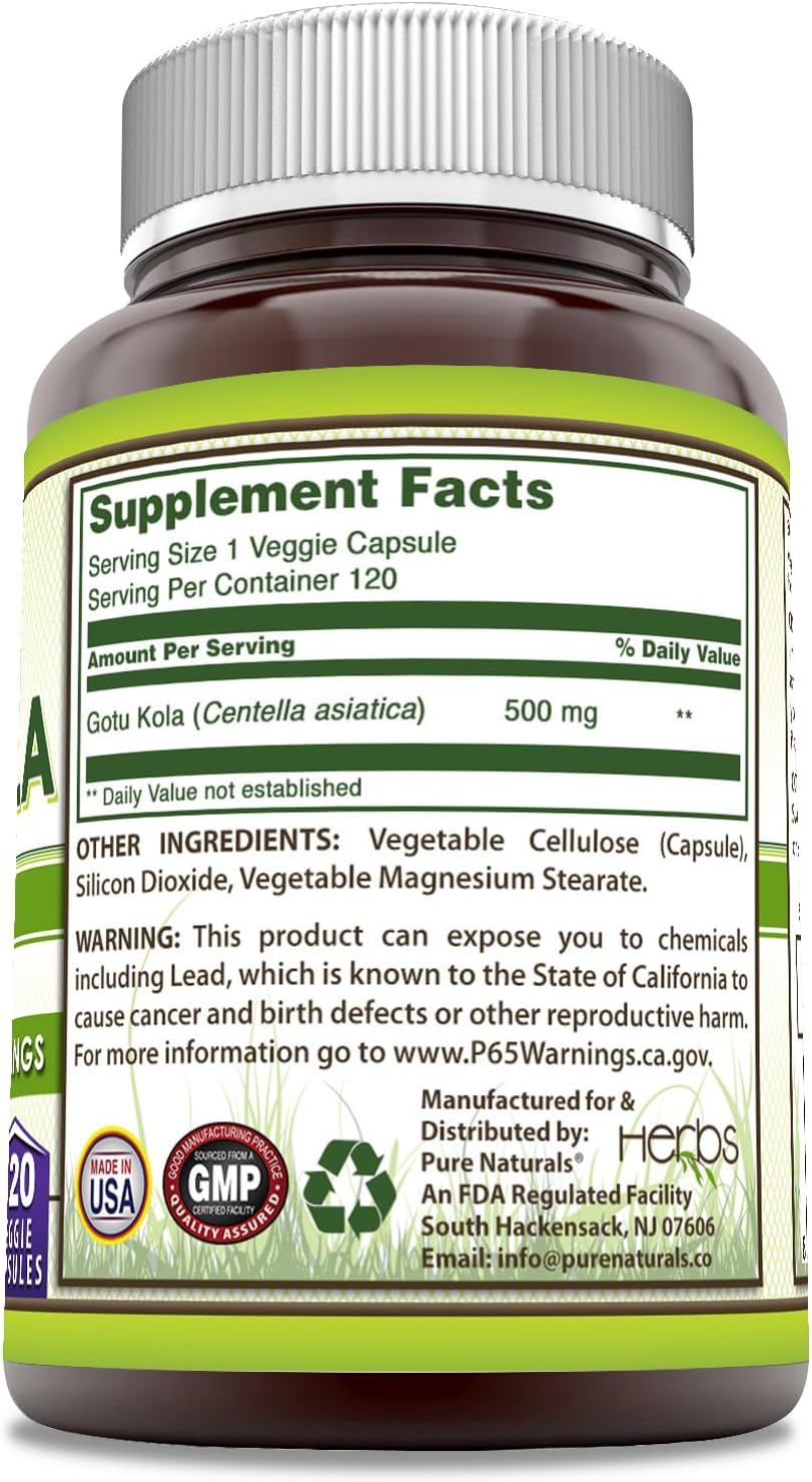 Pure Naturals Gotu Kola Supplement | 500 mg per serving | 120 Vegetable Capsules - görsel 2