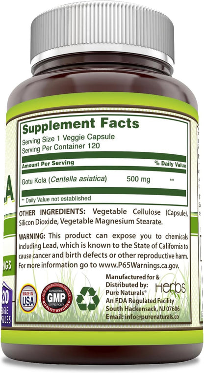 Pure Naturals Gotu Kola Supplement | 500 mg per serving | 120 Vegetable Capsules