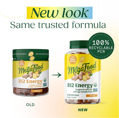 MegaFood Vitamin B12 Energy Gummies - Vegan, Organic, Ginger, 70 Gummies