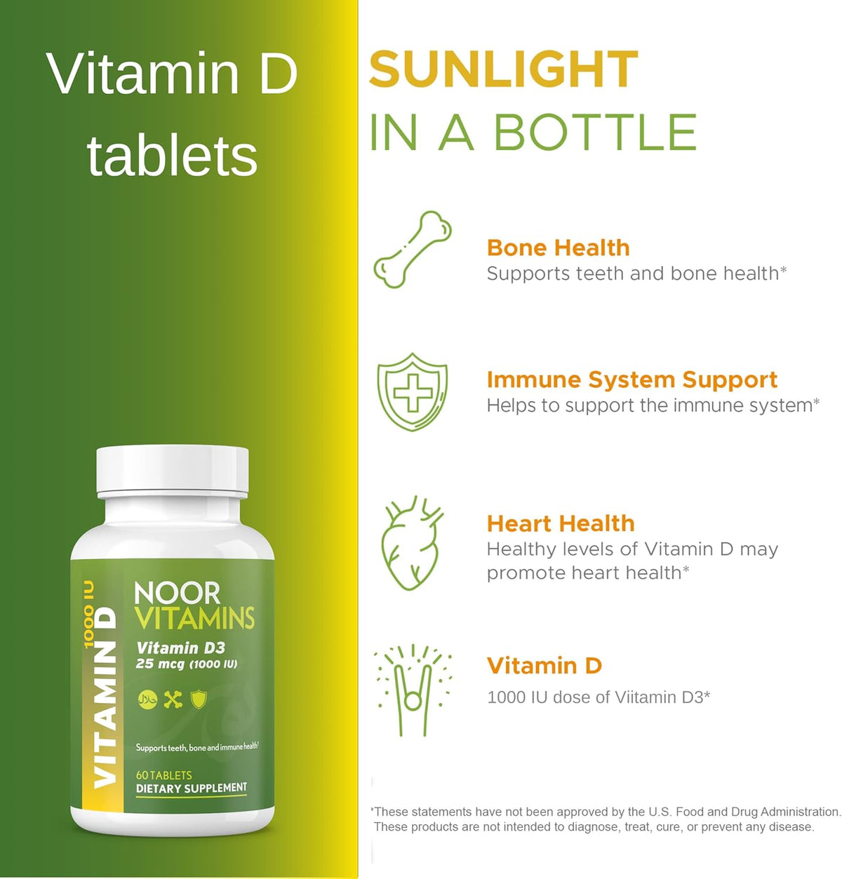 Noor Vitamins Halal Vitamin D3 1000 IU Tablets - 60 Count - görsel 3