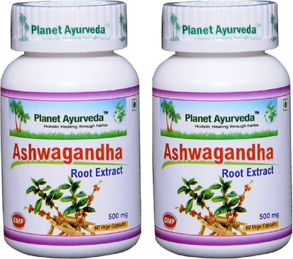 Planet Ayurveda Ashwagandha, 500mg Veg Capsules - 2 Bottles