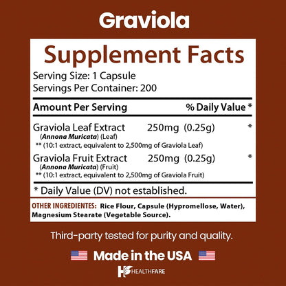 Healthfare Graviola Soursop Extract 5000mg | Annona Muricata | 200 Vegan Capsules | High Potency Leaf & Fruit Blend | Non-GM | Gluten-Free