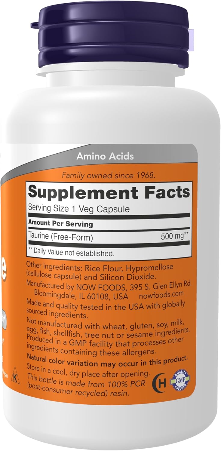 NOW Supplements, Taurine 500 mg, Nervous System Health*, Amino Acid, 100 Veg Capsules - görsel 2
