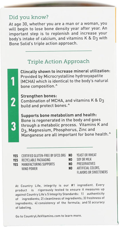 Country Life Bone Solid - Bone Health Supplement with MCHA, Calcium, Magnesium, Zinc, Vitamins K2 & D3 - 180 Capsules