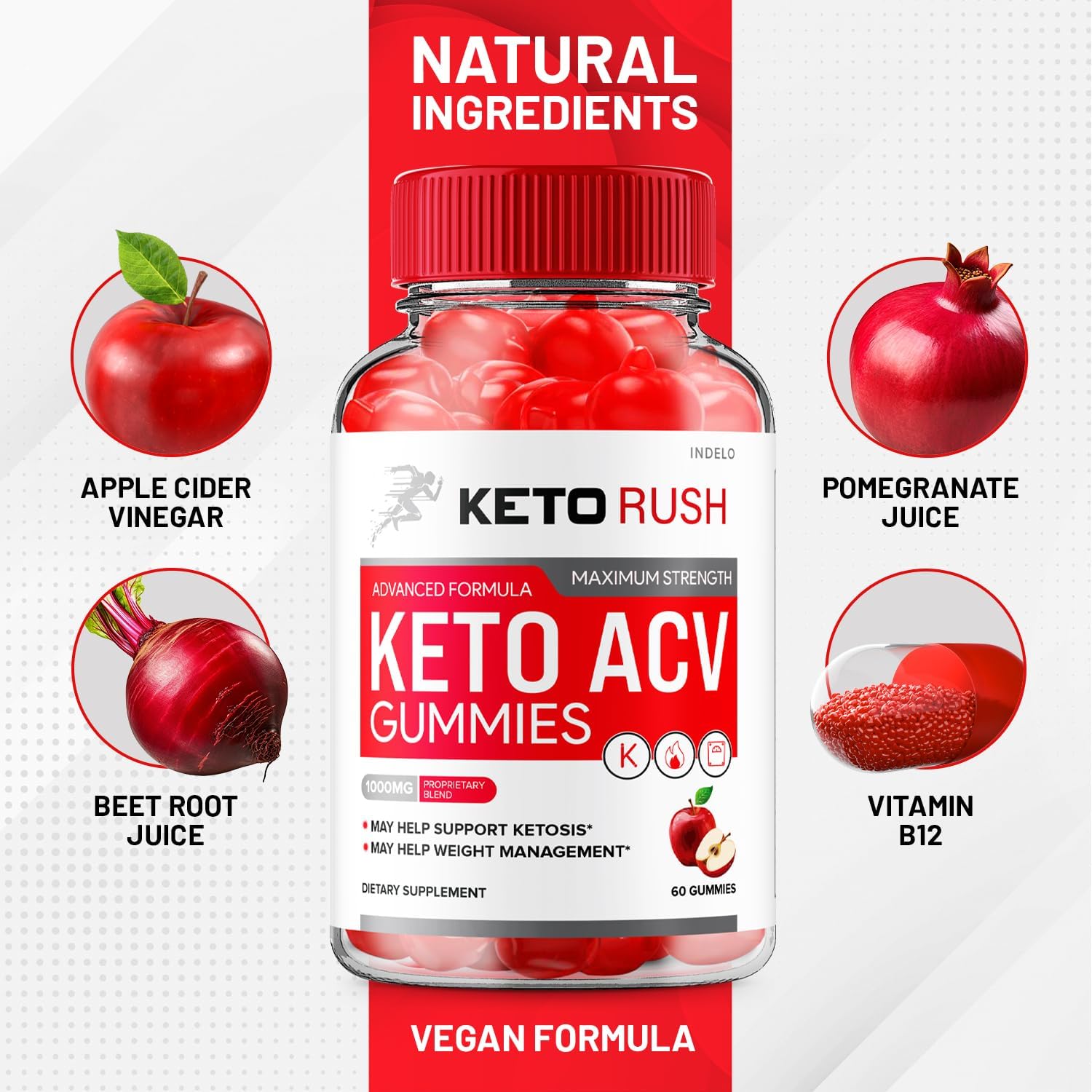 Keto Rush ACV Gummies - Apple Cider Vinegar, B12, Beet Juice & Pomegranate, 120 Gummies (2 Pack) - görsel 3