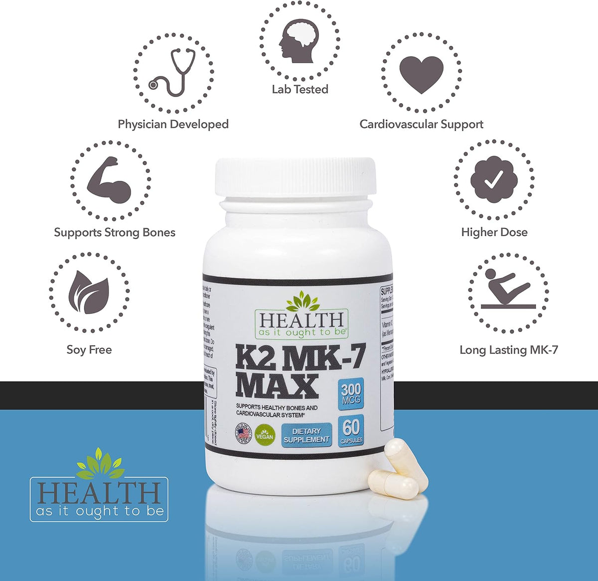Health As It Ought To Be Vitamin K2 MK-7 Max 300 mcg – Extra Strength, Soya-Free, 60 Capsules - görsel 3