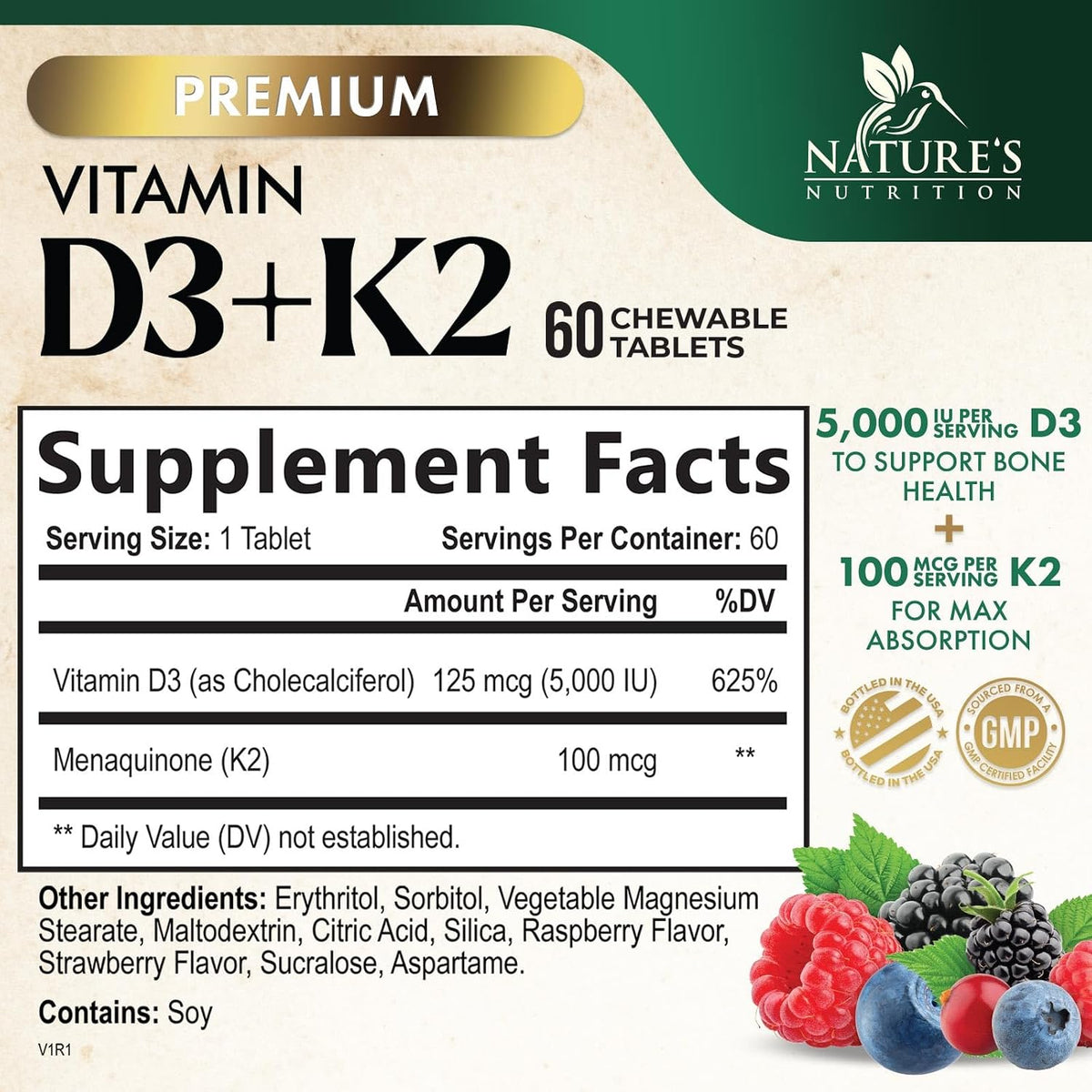 Vitamin D3 K2 Supplement | 5000 IU D3 + 100 mcg K2 (MK-7) | Chewable Berry Flavour | Non-GMO | 60 Tablets - görsel 2