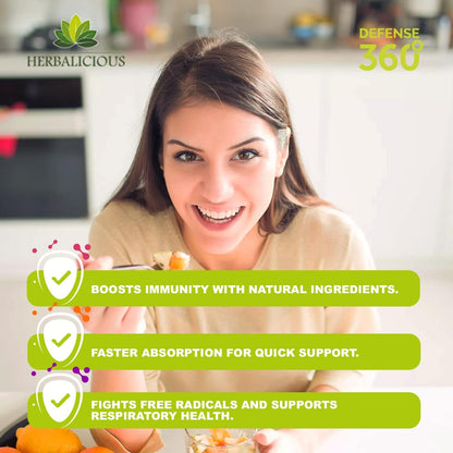 Defence360 Immune Support 8-in-1 Supplement with Vitamin C, D3, Zinc, Elderberry, Echinacea, Turmeric, Ginger and Quinine (120 Capsules)
