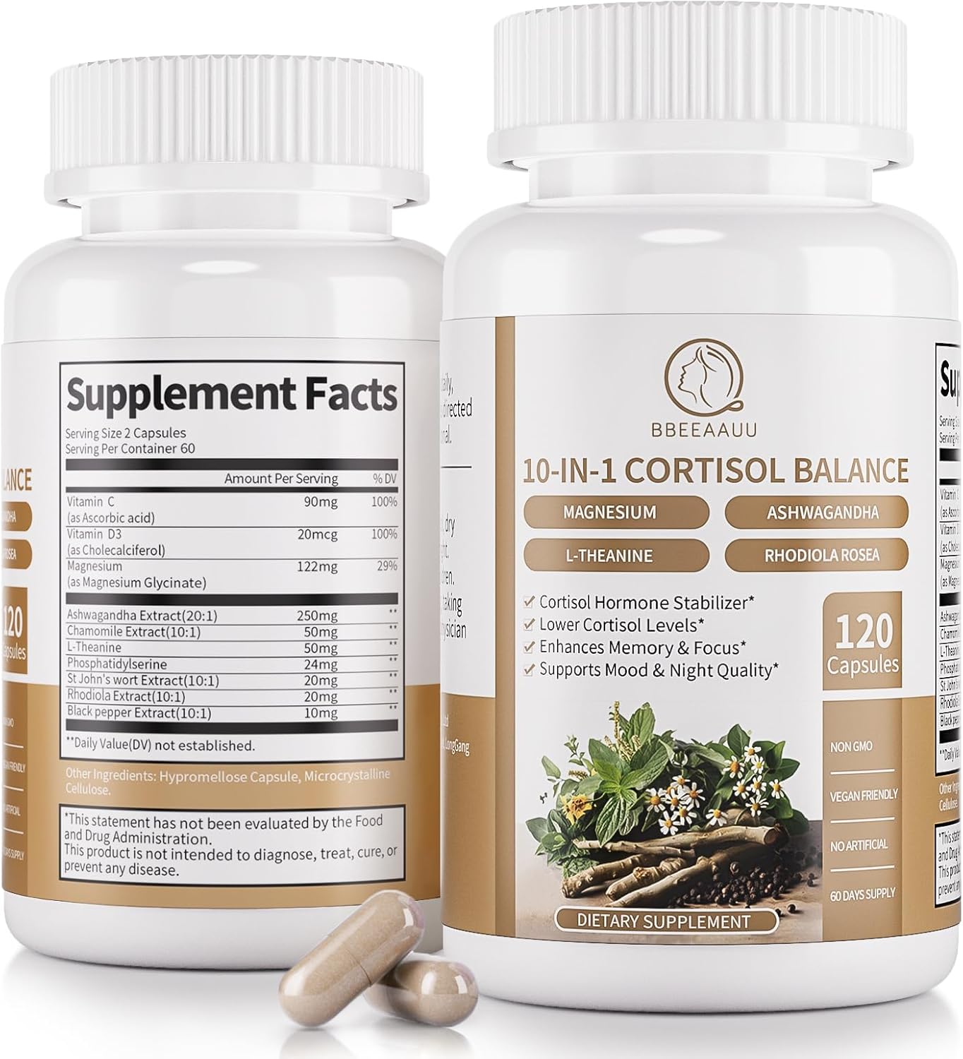 BBEEAAUU Cortisol Supplement - 10-in-1 Formula with Ashwagandha & Magnesium - 120 Capsules (2 Pack) - görsel 1