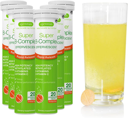 Igennus Super B-Complex Liquid B-Vitamin Effervescent Drink, Methylated, Fast-Action Energy Supplement, Caffeine-Free, Sugar-Free, Orange Flavour, Vegan, 120 Effervescent Tablets