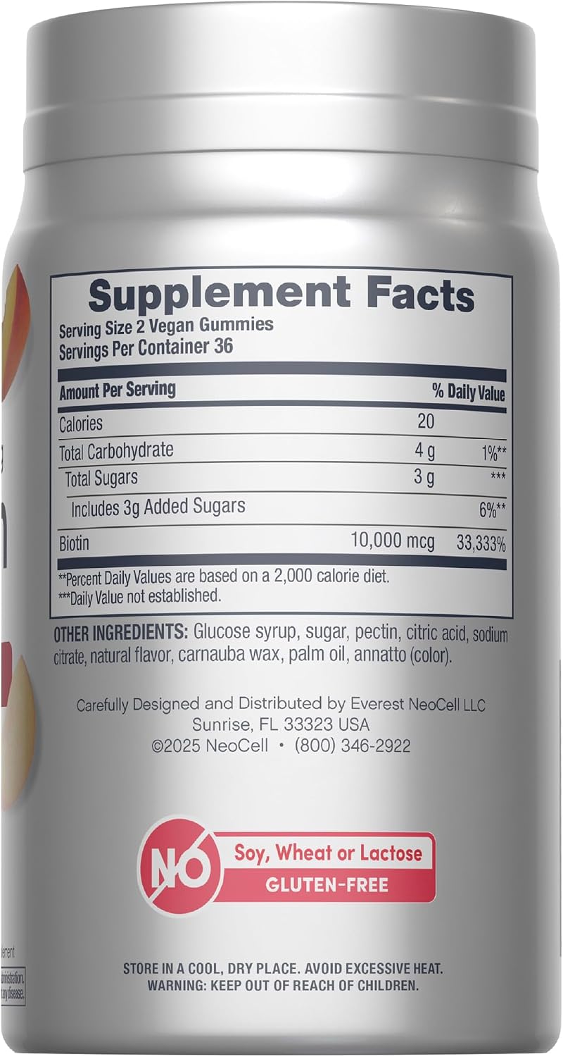 NeoCell Biotin 10000mcg Gummies - 72 Count - Peach Flavour - Hair, Skin & Nails Supplement - görsel 2