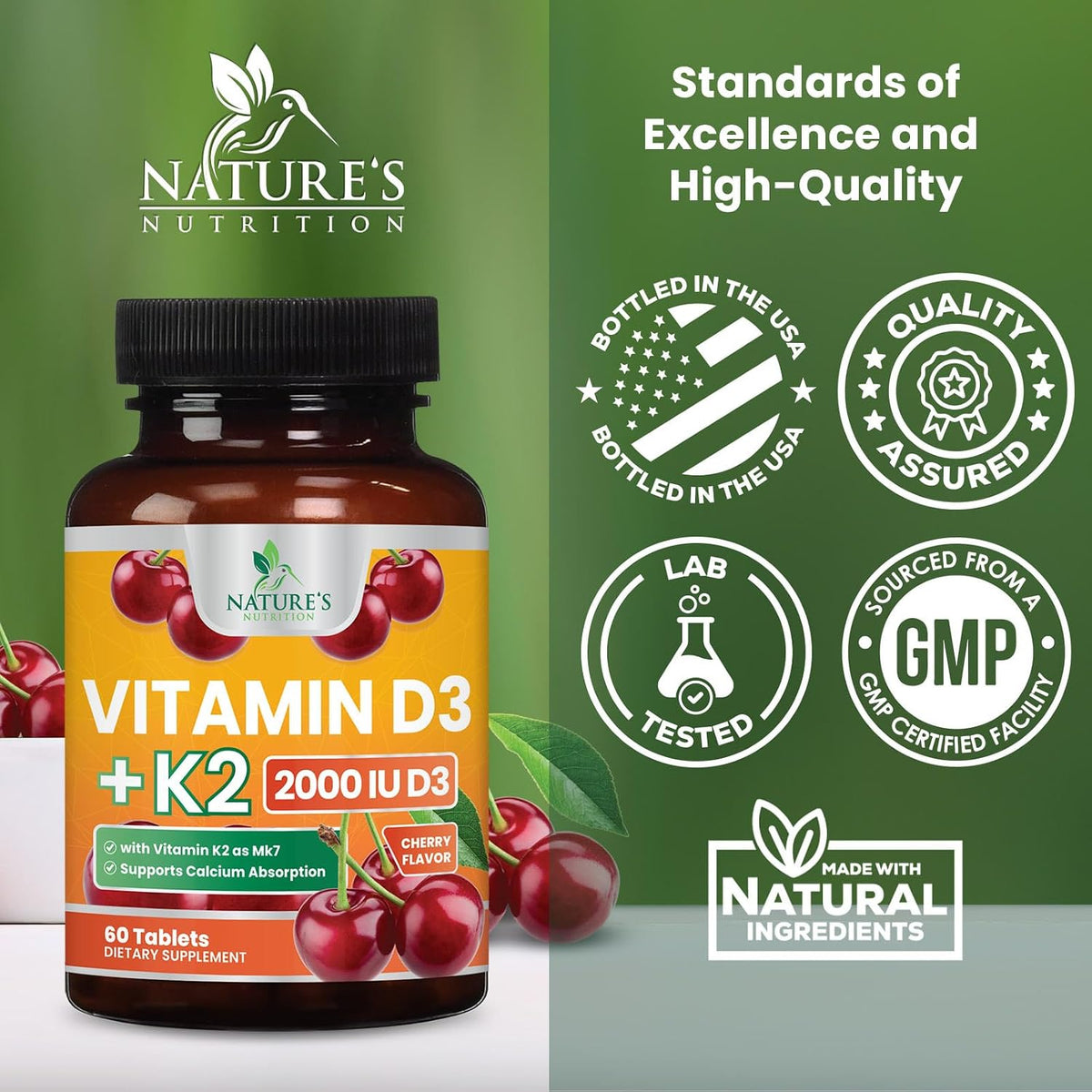 Nature's Nutrition Vitamin D3 K2 Chewable - 2000 IU D3 + 75 mcg MK-7 - Berry Flavour - 60 Tablets - görsel 4