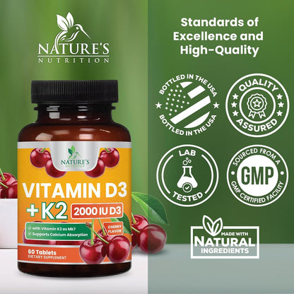 Nature's Nutrition Vitamin D3 K2 Chewable - 2000 IU D3 + 75 mcg MK-7 - Berry Flavour - 60 Tablets