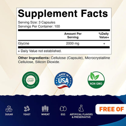 Vitamatic Glycine Supplements, 2000mg per Serving, 300 Capsules, Non-GM, Gluten-free