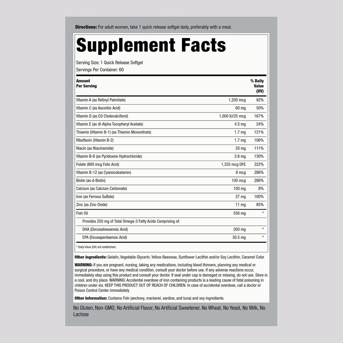 Piping Rock Prenatal Vitamins for Women with DHA | 60 Softgels | Multivitamin with Iron, Folic Acid, Omega 3 | Ultra Complex Supplement | GM-free, Gluten-free - görsel 2