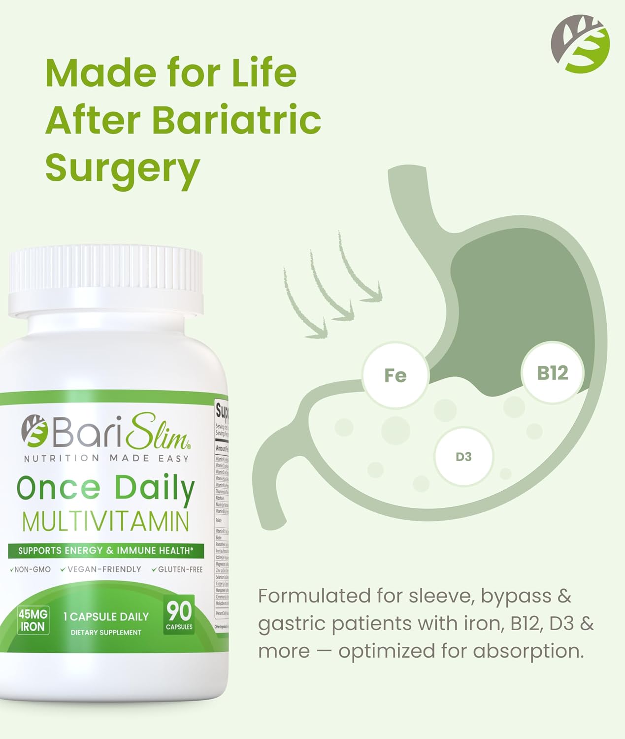 BariSlim Once Daily Bariatric Multivitamin Capsules - 45mg Iron - 90 Day Supply - görsel 3