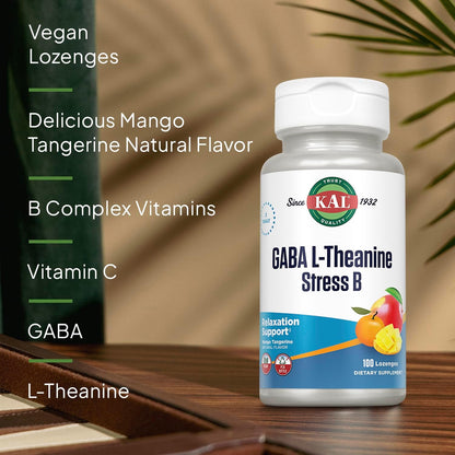 KAL GABA L-Theanine Stress B Lozenge - B Complex Vitamin Supplement for Stress Relief, Mood and Focus Support, Natural Mango Tangerine Flavour, Vegan, 100 Lozenges