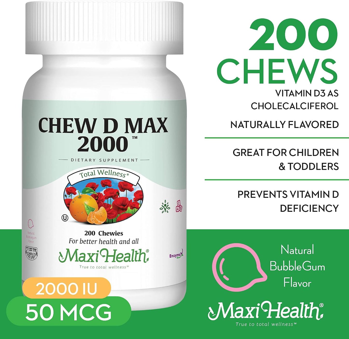 Maxi Health Chewable Vitamin D3 2000 IU Supplement - Delicious Natural Bubble Gum Flavour - Supports Calcium Absorption, Immune and Bone Health - 200 Chews - görsel 4