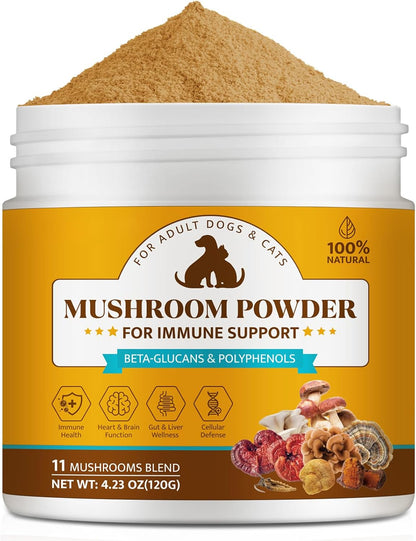 Organic Mushroom Supplement Powder for Dogs & Cats – 11 Mushroom Complex with Turkey Tail, Reishi & Cordyceps, Supports Lipoma, Lumps & Bumps Relief, Immune & Skin Health, 120g