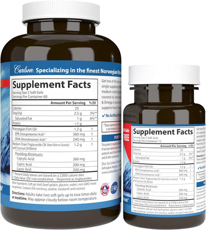 Carlson MCT & Omega-3 Softgels - Coconut Oil, EPA & DHA, 150 Softgels