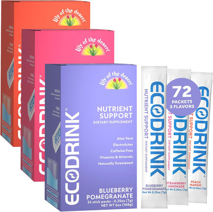 Lily of The Desert EcoDrink Nutrient Support Hydration Packets (3 Flavours) – Naturally Sweetened Multivitamin Electrolyte Mix with Aloe, 24 Stick Packs per Box, 7g Each