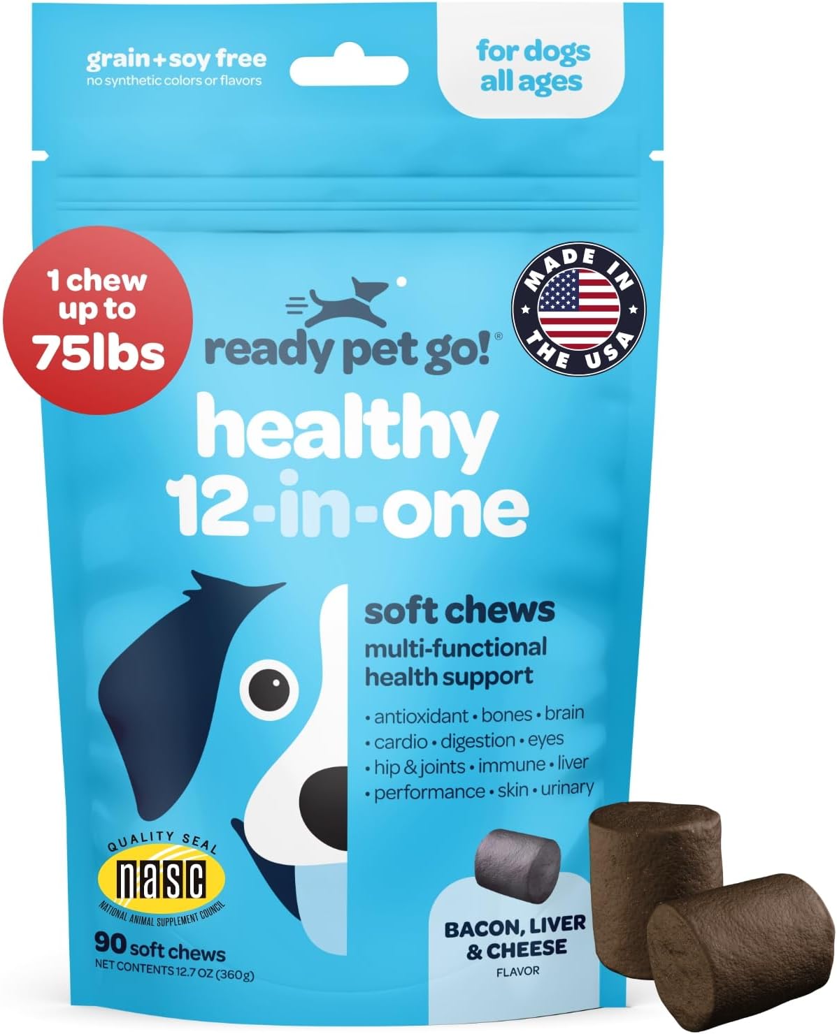 12-in-1 Complete Multivitamin for Dogs - Glucosamine, Chondroitin, Probiotics - NASC Certified - 90 Chews - görsel 1
