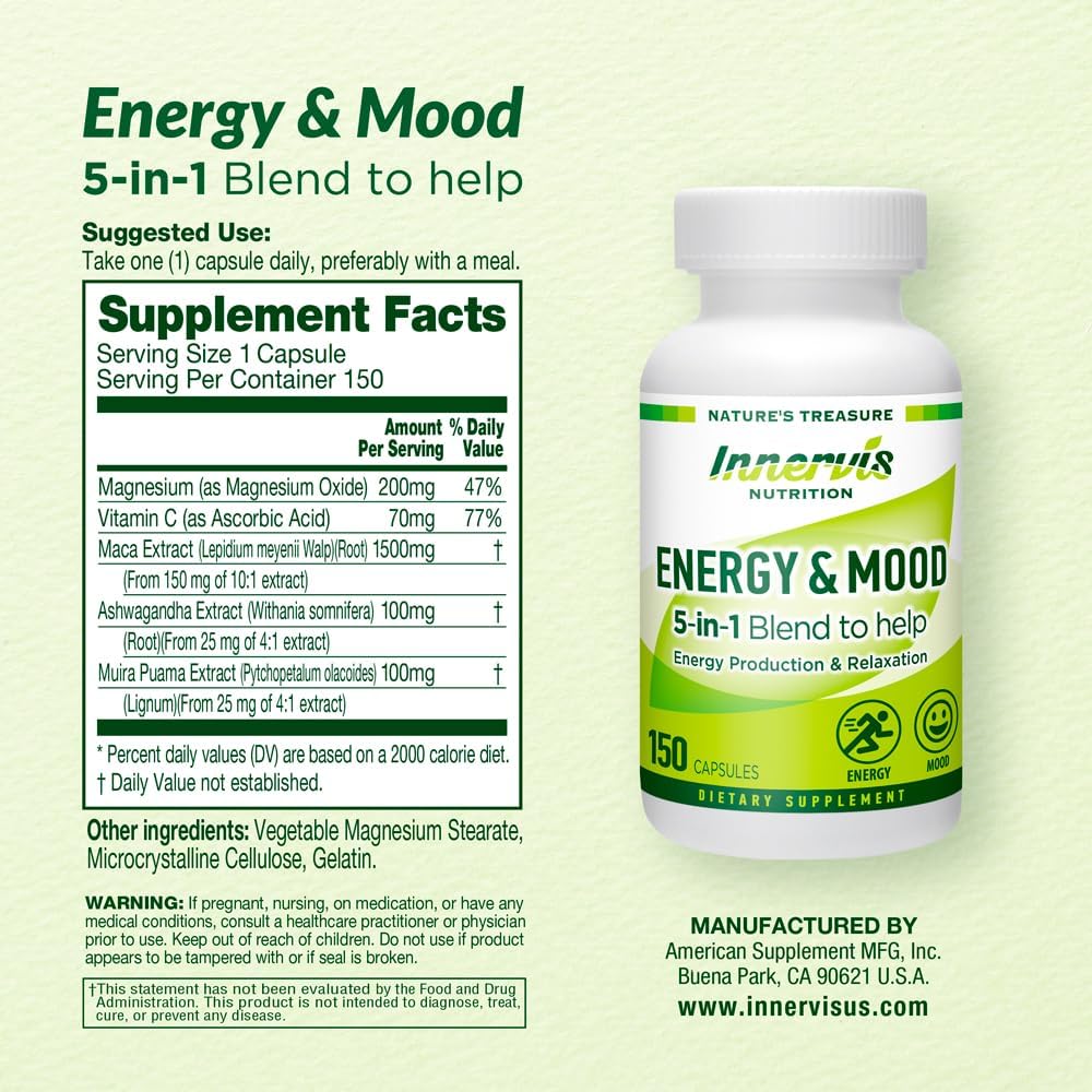 Energy & Mood Supplement – Boost Energy & Reduce Tiredness, Support Relaxation – 150 Capsules – Non-GMO, Third-party Tested – Innervis Nutrition - görsel 2