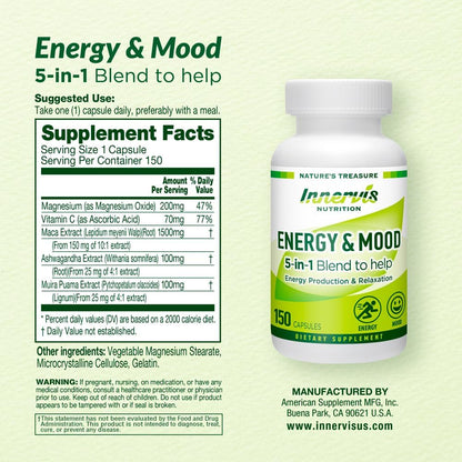 Energy & Mood Supplement – Boost Energy & Reduce Tiredness, Support Relaxation – 150 Capsules – Non-GMO, Third-party Tested – Innervis Nutrition