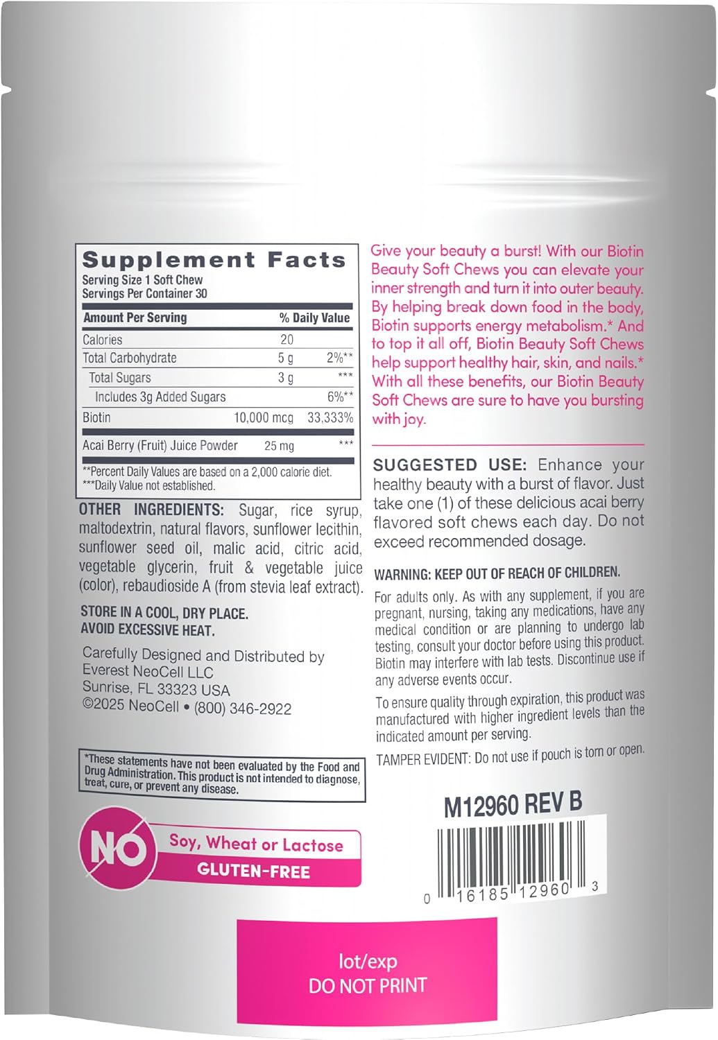 NeoCell Biotin Beauty Soft Chews | 30 Chewables | 10000mcg | Hair, Skin & Nails | Acai Berry Flavour - görsel 2