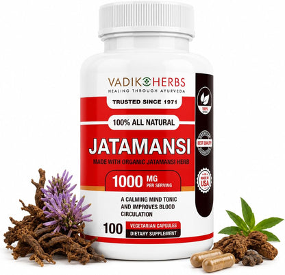Vadik Herbs Jatamansi Capsules - 1000mg Organic Jatamansi Root for Calmness, Mental Clarity & Restful Sleep - 100 Vegetarian Capsules