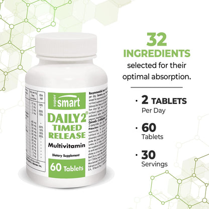 SuperSmart Daily 2 Timed Release (Advanced Complex) - Patented 32-in-1 Multivitamin Formula - Non-GMO & Gluten-free - 60 Tablets