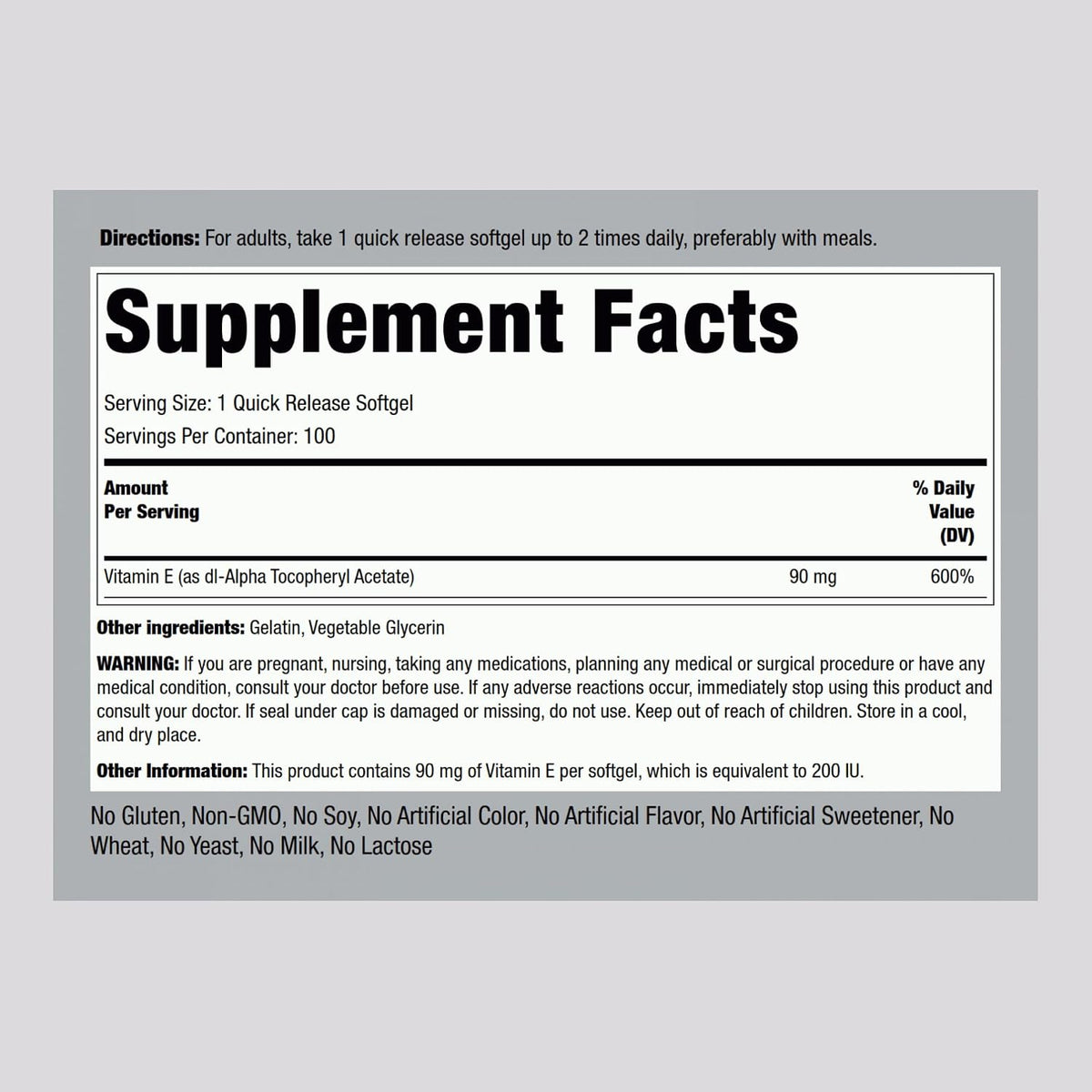 Piping Rock Vitamin E 200 IU | 90mg | 100 Soft gel capsule Capsules | High Potency Supplement | Non-GMO, Gluten-free - görsel 2
