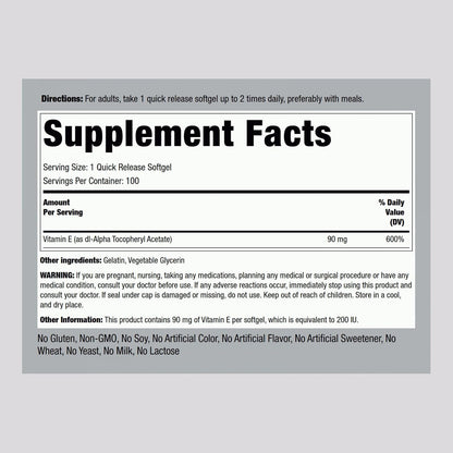 Piping Rock Vitamin E 200 IU | 90mg | 100 Soft gel capsule Capsules | High Potency Supplement | Non-GMO, Gluten-free