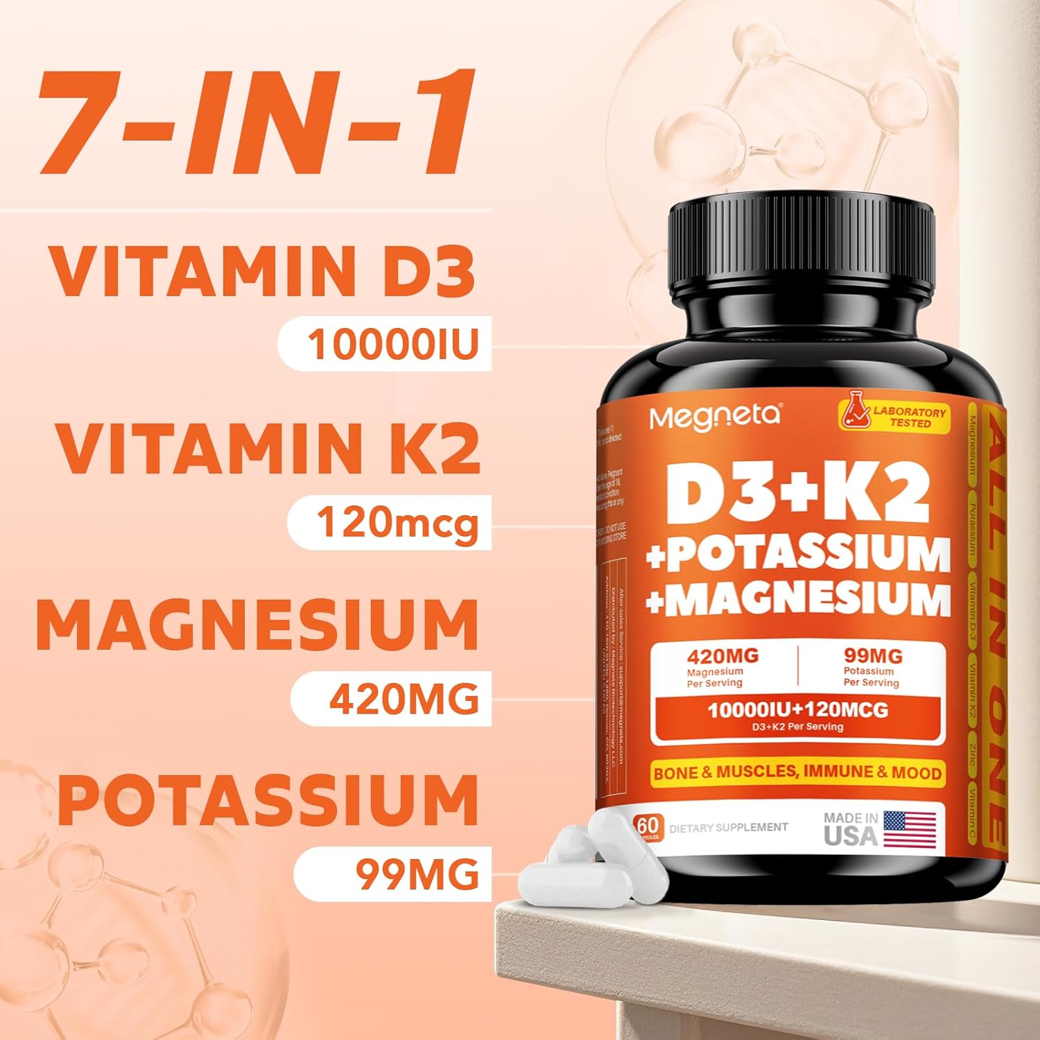 Vitamin D3 K2 (MK-7) 10,000 IU with Magnesium Glycinate & Potassium Supplement - High Absorption, 60 Capsules - görsel 3