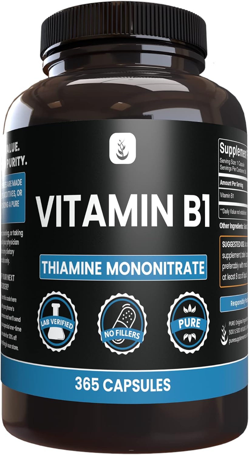 PURE ORIGINAL INGREDIENTS Vitamin B1 (Thiamine Mononitrate) (365 Capsules) No Magnesium or Rice Fillers, Always Pure, Laboratory Verified - görsel 1