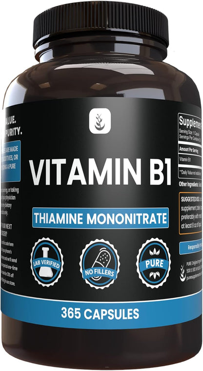 PURE ORIGINAL INGREDIENTS Vitamin B1 (Thiamine Mononitrate) (365 Capsules) No Magnesium or Rice Fillers, Always Pure, Laboratory Verified
