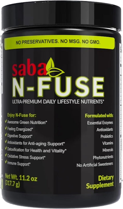 Saba N-Fuse Super Greens Powder – 50+ Superfoods, Probiotics and Digestive Enzymes for Gut Health and Energy, 30 Servings