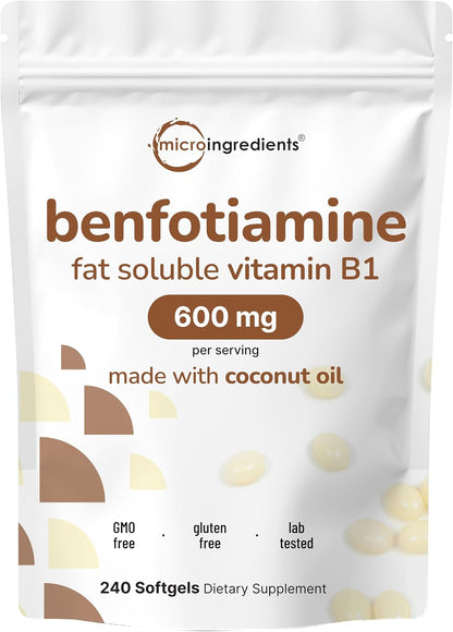 Vitamin B1 Benfotiamine 600mg per Serving, 240 Coconut Oil Softgels | Bio-available B Vitamins Supplement, Converted to Active Thiamine | Non-GMO, Soya-free