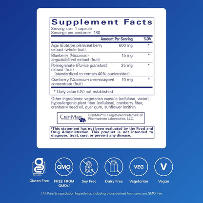 Pure Encapsulations Acai 600 - Antioxidant Berry Supplement with Fibre, 180 Capsules