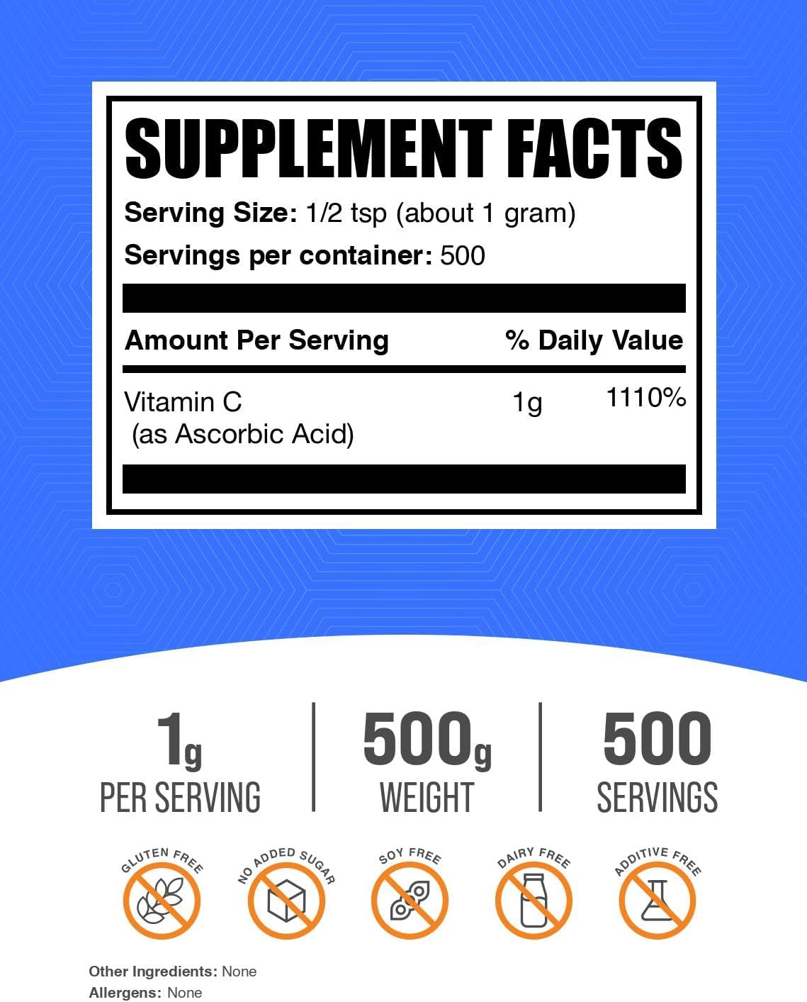 BulkSupplements Vitamin C (Ascorbic Acid) Powder - 1g per Serving, 500g - görsel 2