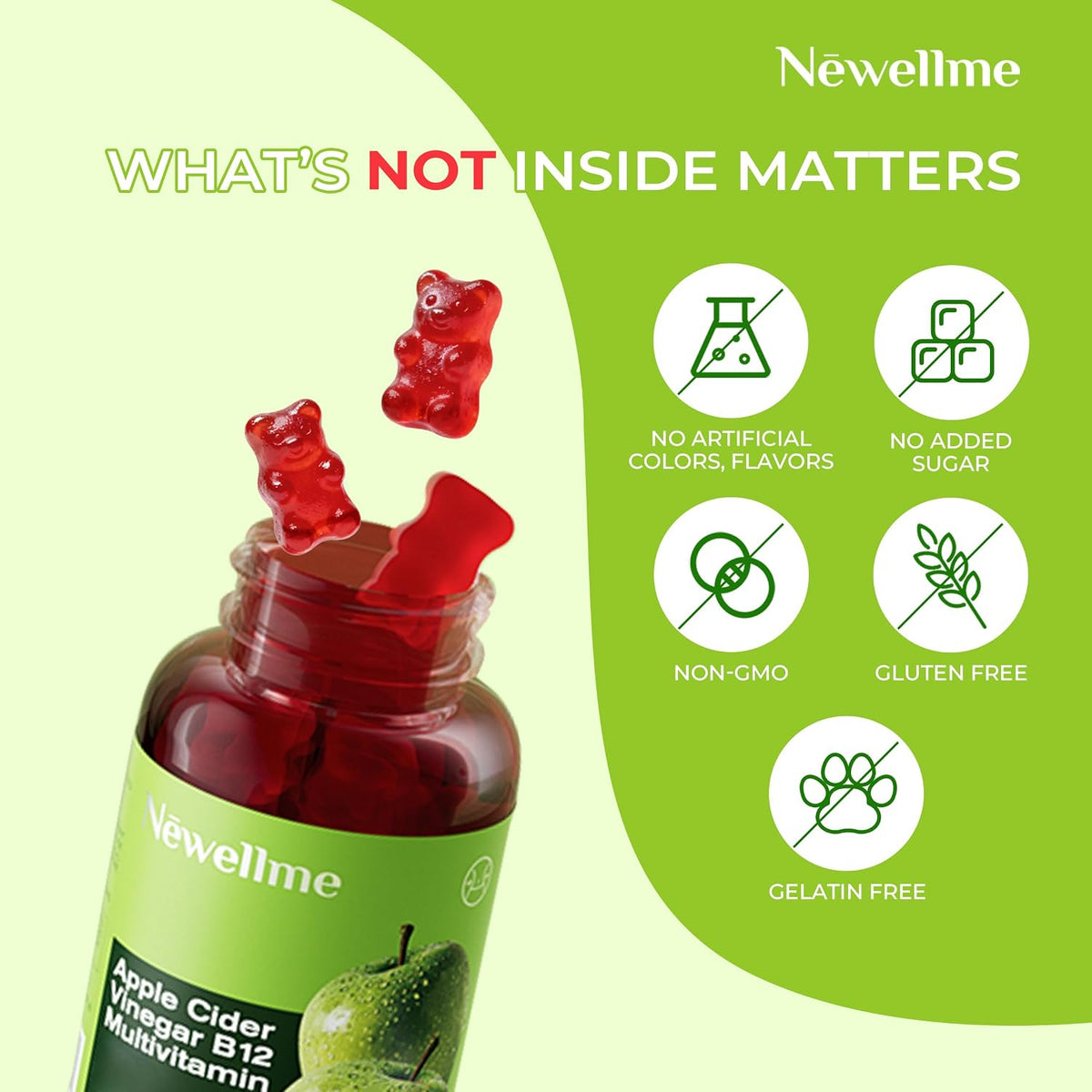 NEWELLME ACV Gummies with The Mother & B12 – Sugar Free, Great Tasting Vegan Gummies for Digestion, Metabolism & Daily Energy Support, 90 Count - görsel 4