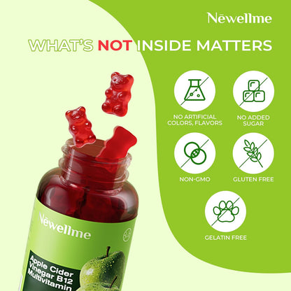 NEWELLME ACV Gummies with The Mother & B12 – Sugar Free, Great Tasting Vegan Gummies for Digestion, Metabolism & Daily Energy Support, 90 Count
