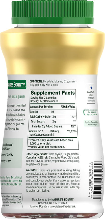 Nature's Bounty Vitamin B12 Gummies, Food Supplement, Contributes to Normal Energy-Yielding Metabolism and Nervous System Function, Mixed Berry Flavour, 500mcg, 160 Count