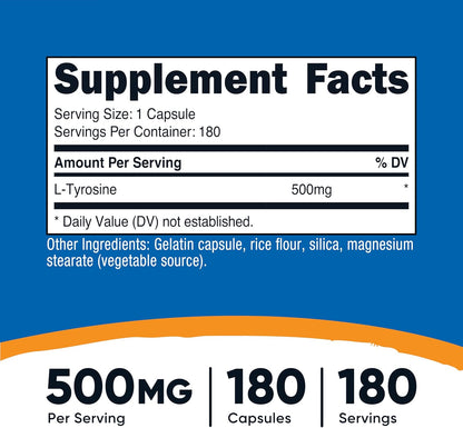 Nutricost L-Tyrosine 500mg, 180 Capsules (3 Bottles)