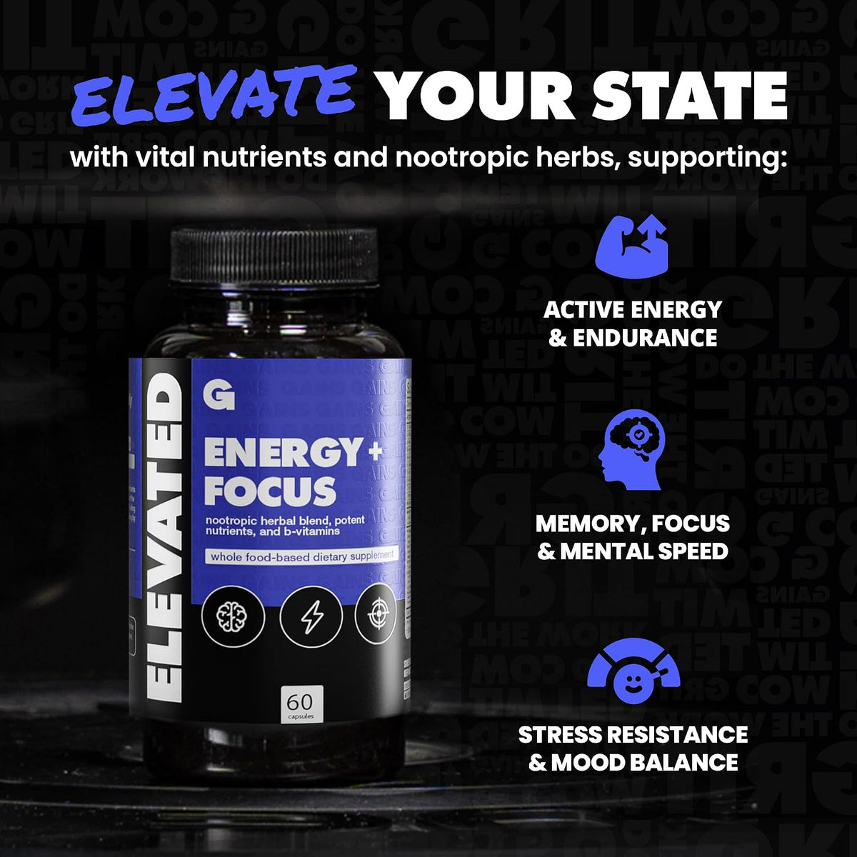 Gains in Bulk Elevated Nootropic Herbal Energy Supplement - 60 Capsules - görsel 3