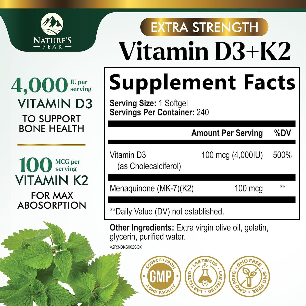 Vitamin D3 + K2 Supplement – High Potency with 4000 IU D3 and MK-7 – Bone, Immune and Heart Support – 240 Soft gel capsules - görsel 2