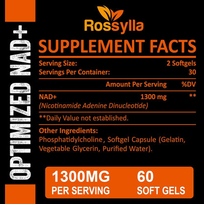 Rossylla 1300 mg Liposomal NAD+ Supplement - Highest Absorption - 60 Capsules