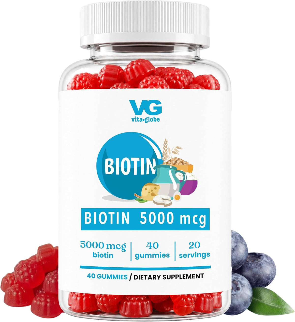 VITA GLOBE Biotin Gummies 5,000 mcg – Extra Strength Hair, Skin & Nails Support – Mixed Berry – Vegan, Non-GMO – 40 Count - görsel 1